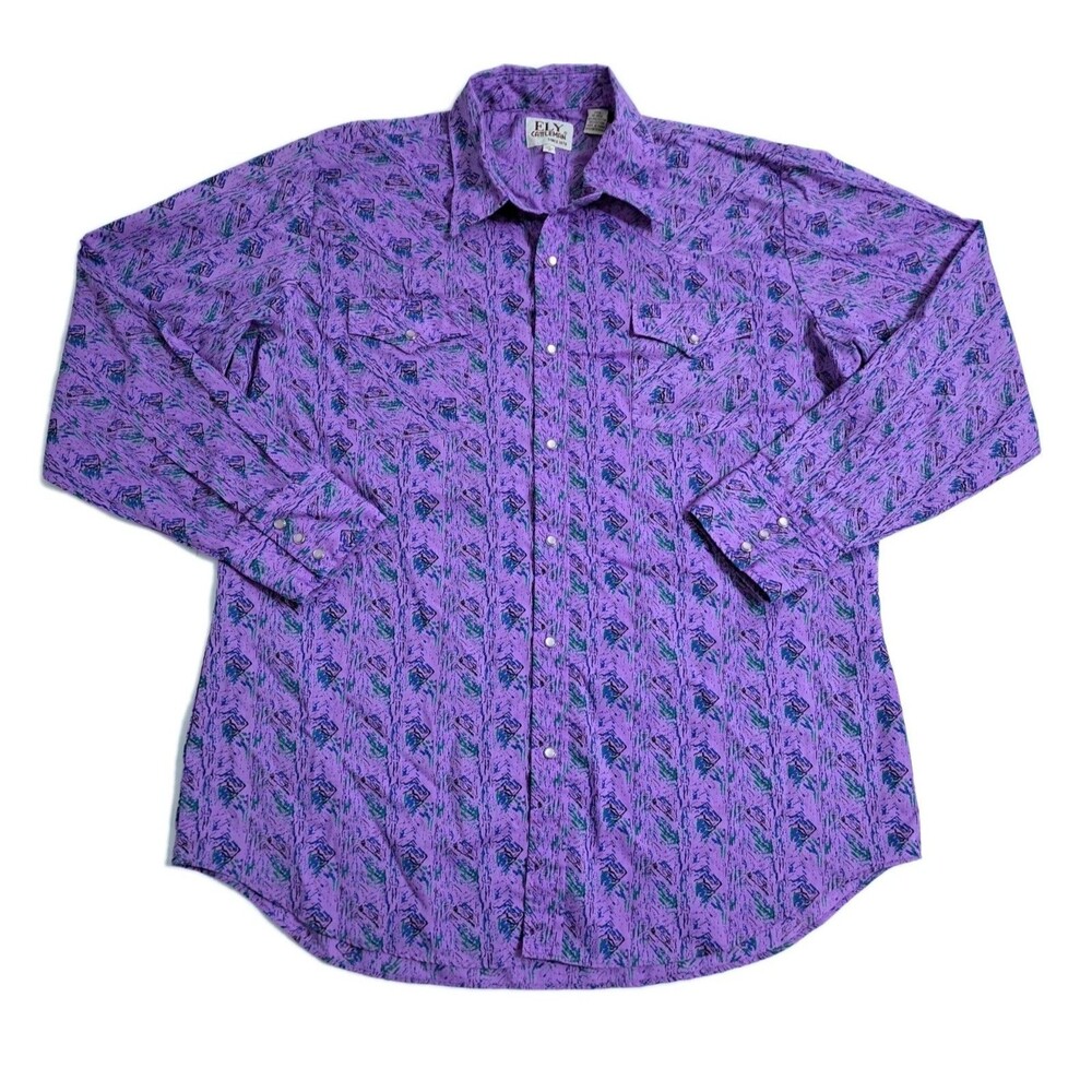 Ely Cattleman Shirt Men's Large to XL 17 35 Pearl Snap Western Aztec Purple 90s